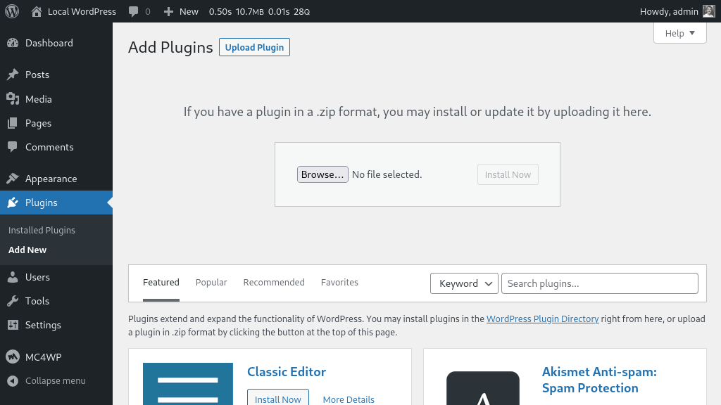 Screenshot of Upload Plugin page in WordPress admin