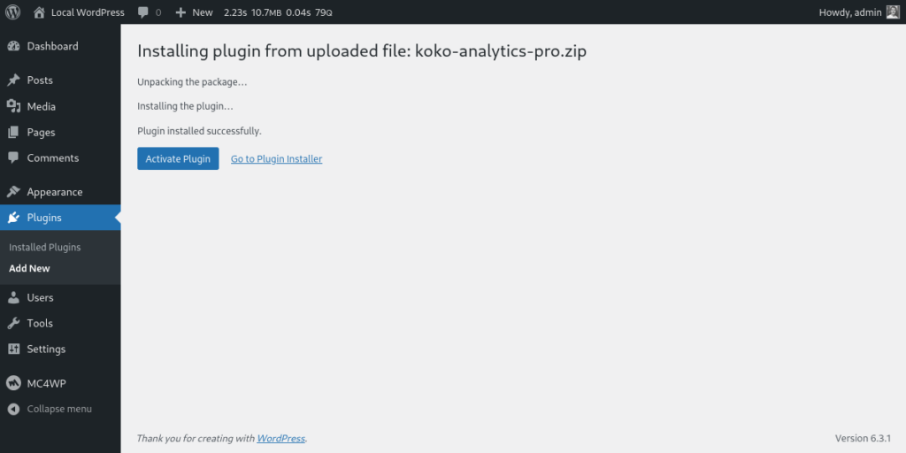 Screenshot of the page in WordPress admin where you activate an uploaded plugin
