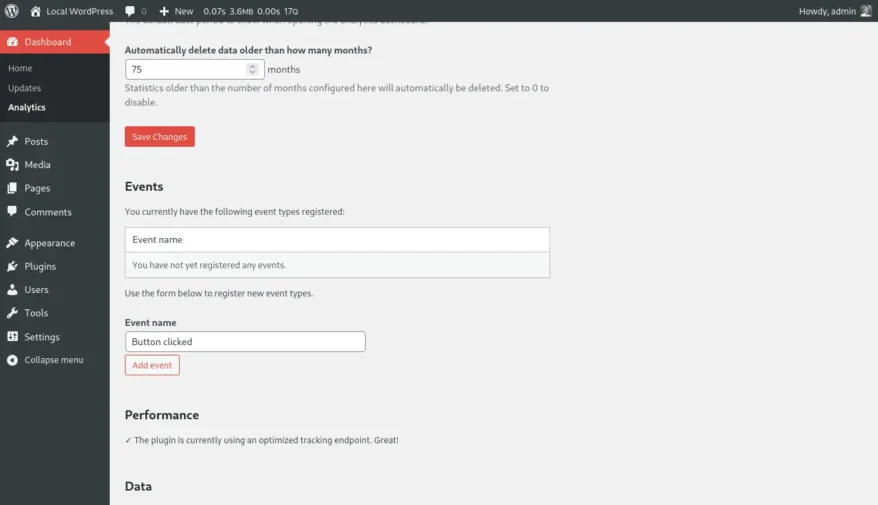 Screenshot of the Koko Analytics settings page for adding a new event.