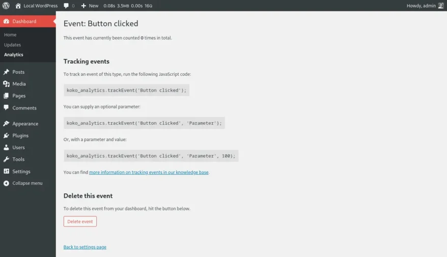 Screenshot of the event details page for our "Button Clicked" event