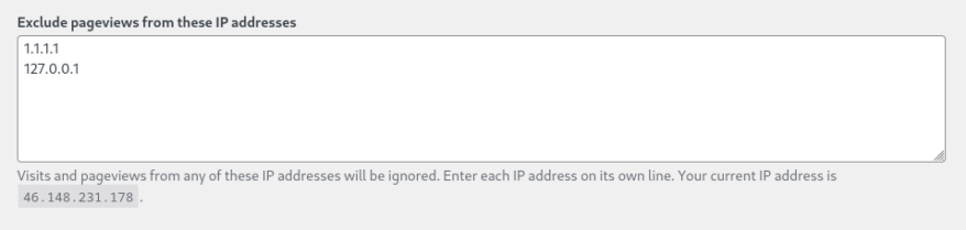 Koko Analytics setting to exclude a list of IP addresses or address ranges.