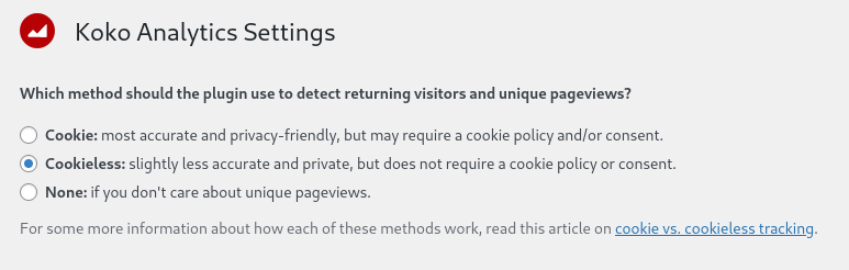 Screenshot of the Koko Analytics settings that lets you choose which tracking method to use.