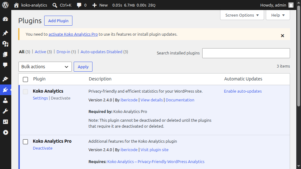Screenshot of notice inside WordPress admin asking you to activate Koko Analytics Pro