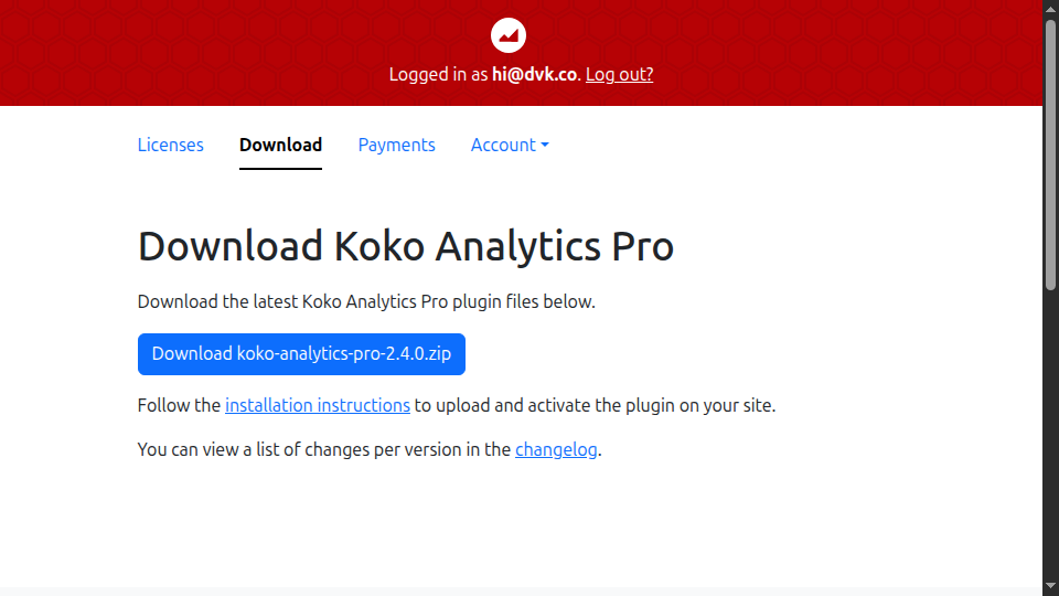 Screenshot of download page in Koko Analytics Pro account area